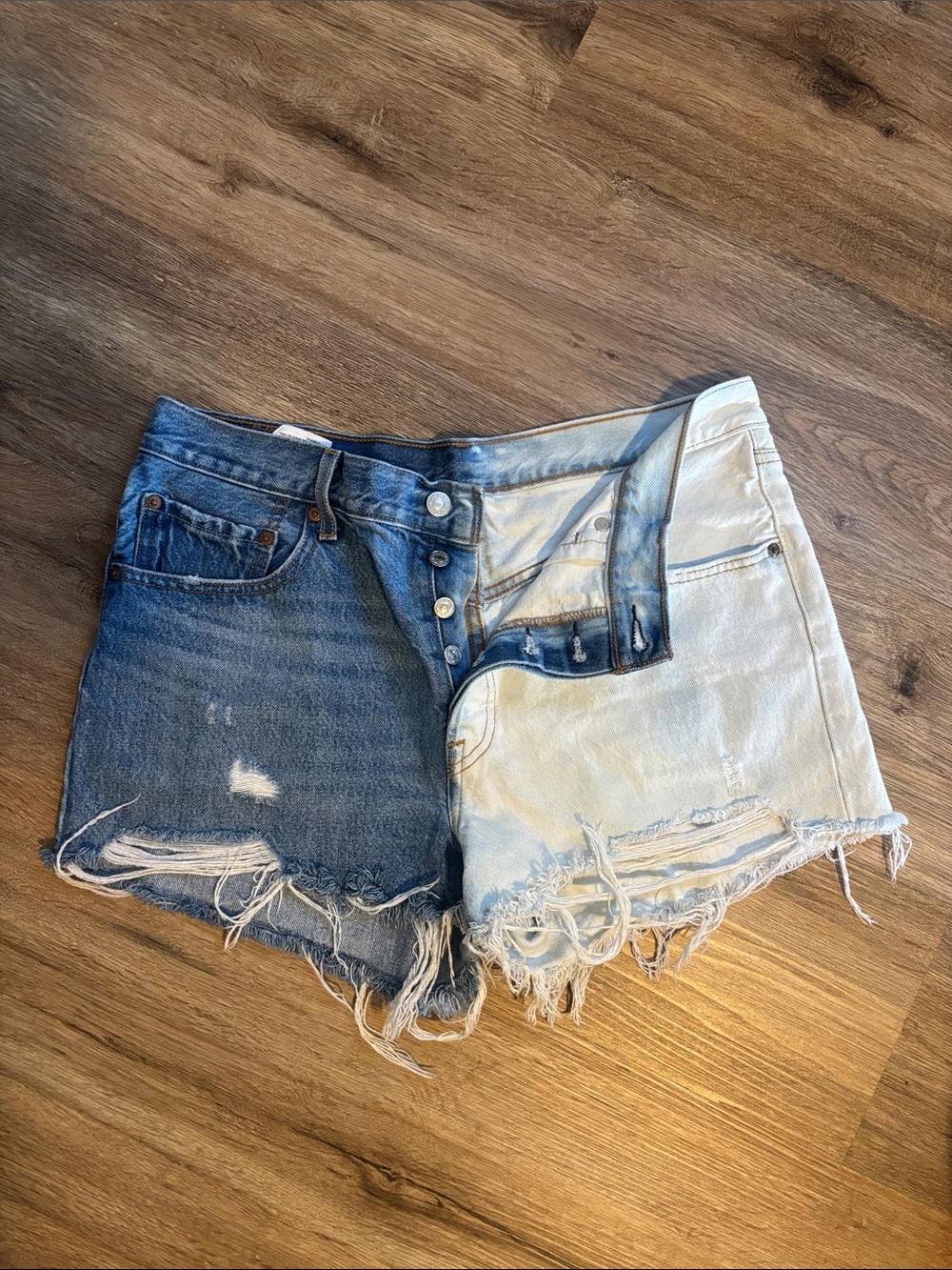Levi's Two-Tone Distressed Denim Shorts in Dark and Light Blue